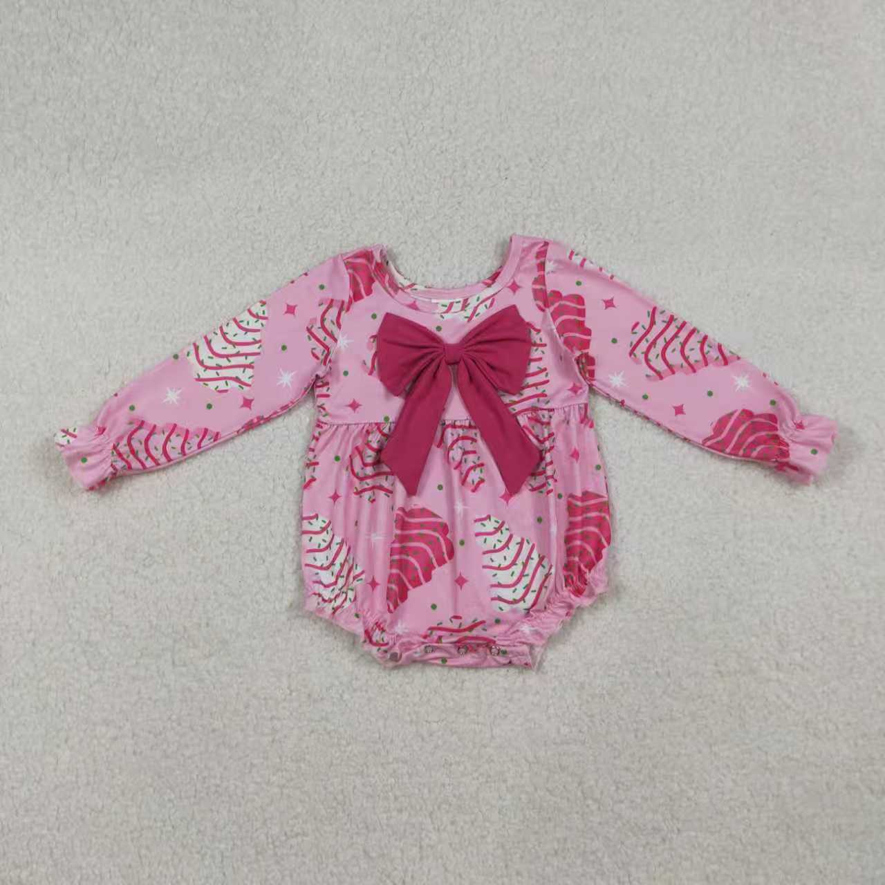 Sibling Baby Girls Pink Stripe Trees Stars Bow Christmas Knee Ruffle Length Dresses Rompers