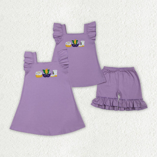 Sibling Baby Girls Embroidery Mask Anchors Tunic Ruffle Shorts Mardigras Clothes Sets Dresses