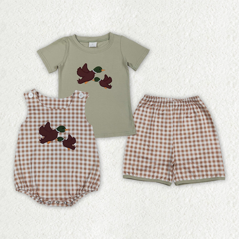 Sibling Baby Boys Embroidery Ducks Top Checked Short Hunting Clothes Set Rompers