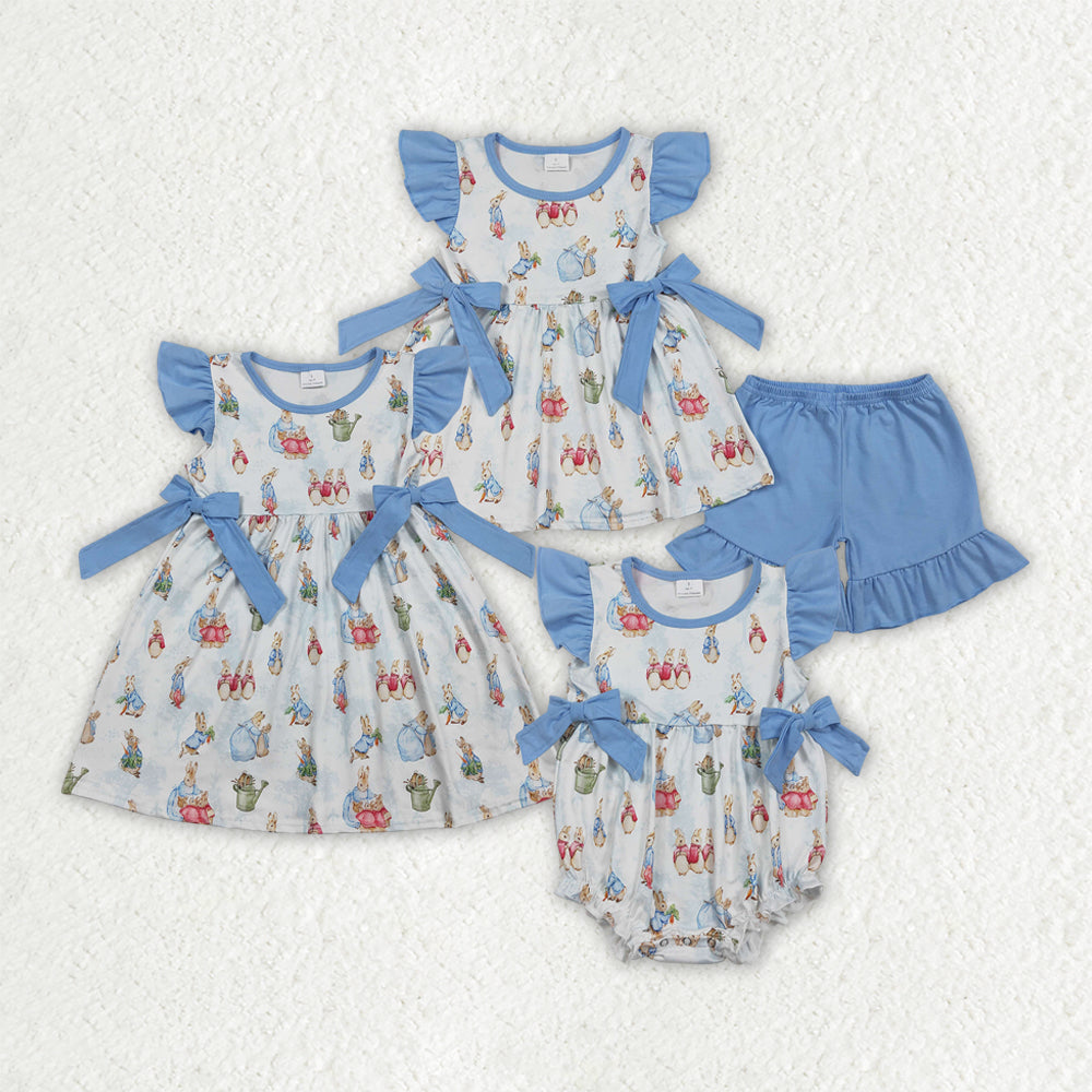 Sibling Baby Girls Rabbit Eggs Tunic Ruffle Shorts Easter Clothes Set Knee Length Dress Rompers
