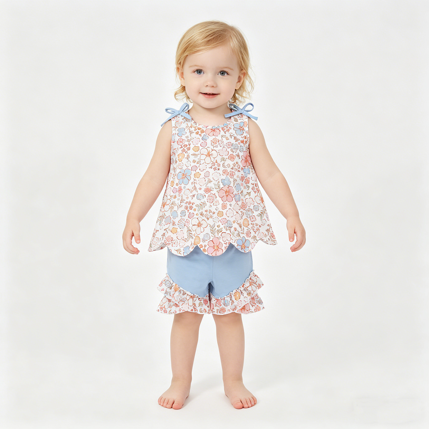 Sibling Baby Girls Colorful Flowers Scallop Tunic Ruffle Short Clothes Sets