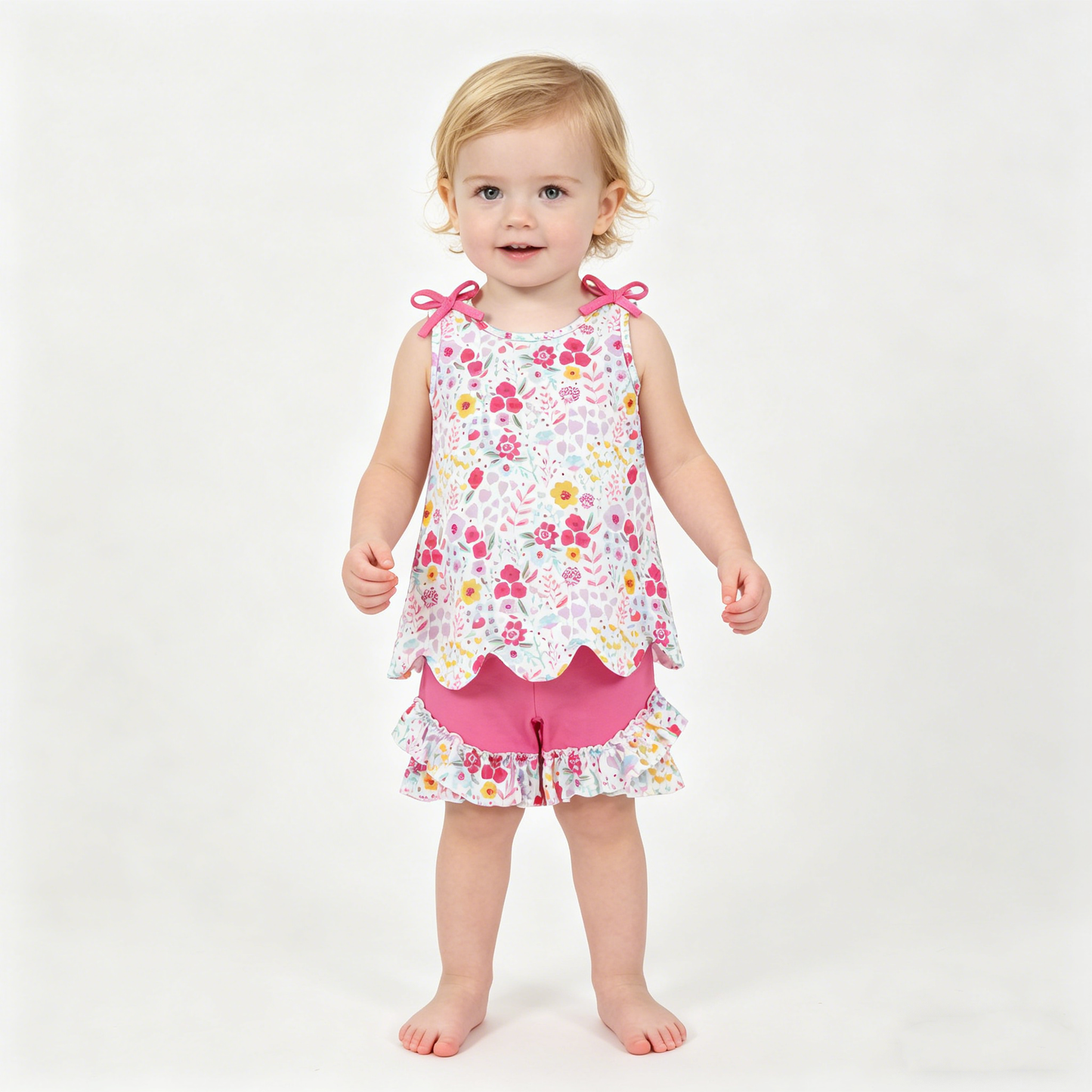 Sibling Baby Girls Colorful Flowers Scallop Tunic Ruffle Short Clothes Sets
