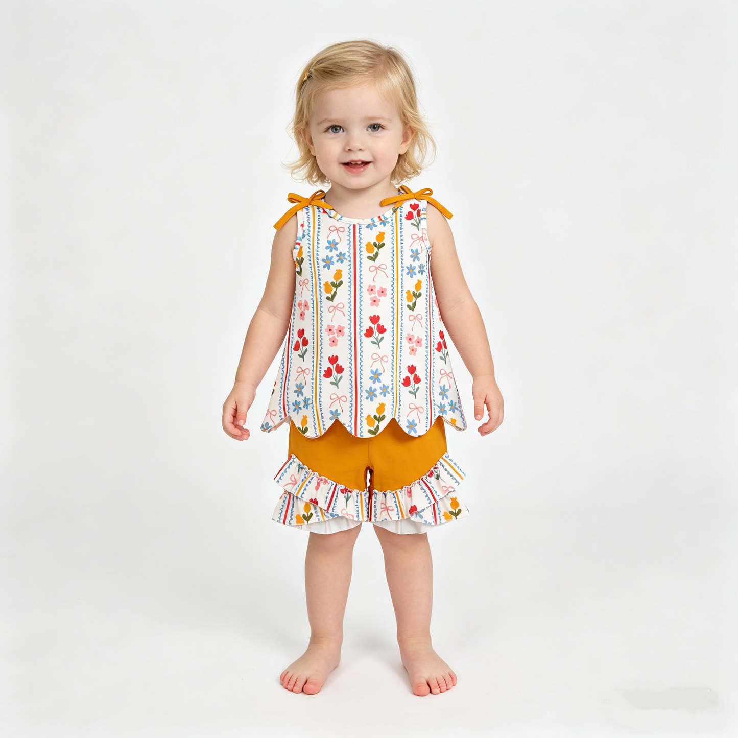 Sibling Baby Girls Colorful Flowers Scallop Tunic Ruffle Short Clothes Sets