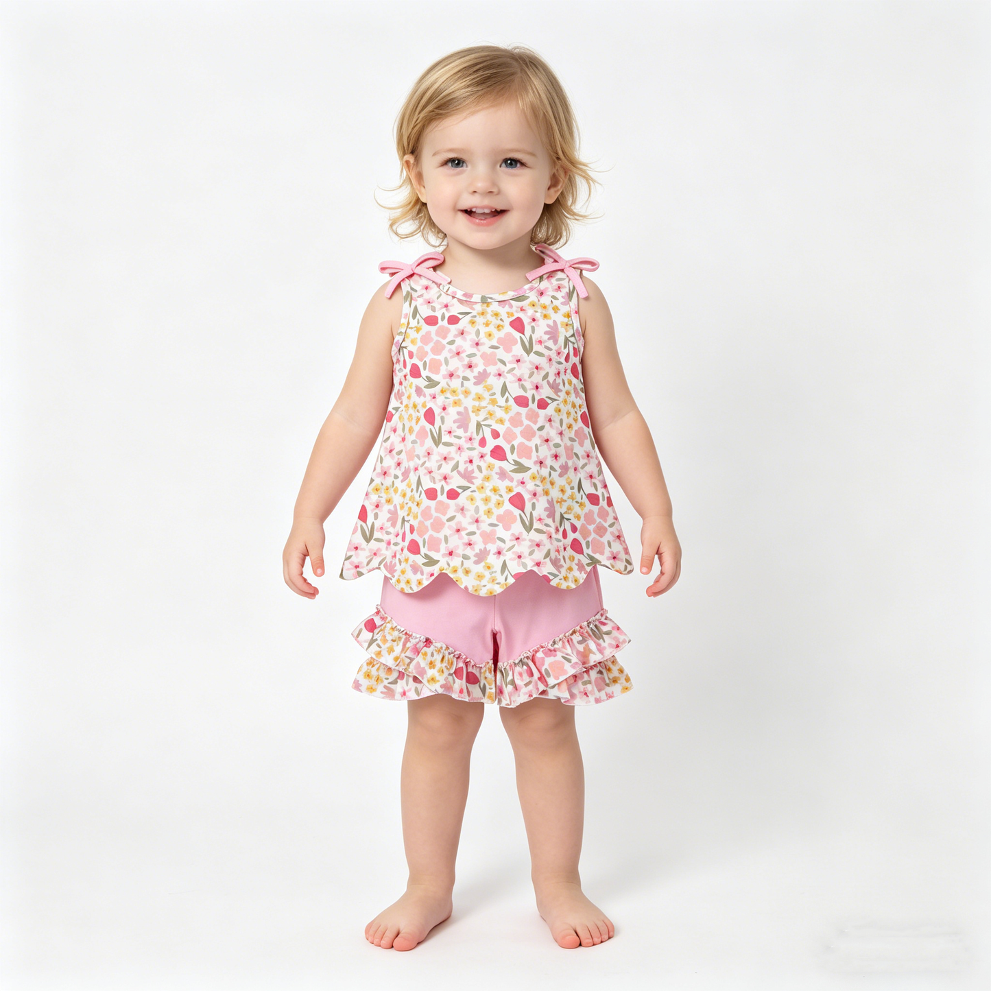 Sibling Baby Girls Colorful Flowers Scallop Tunic Ruffle Short Clothes Sets