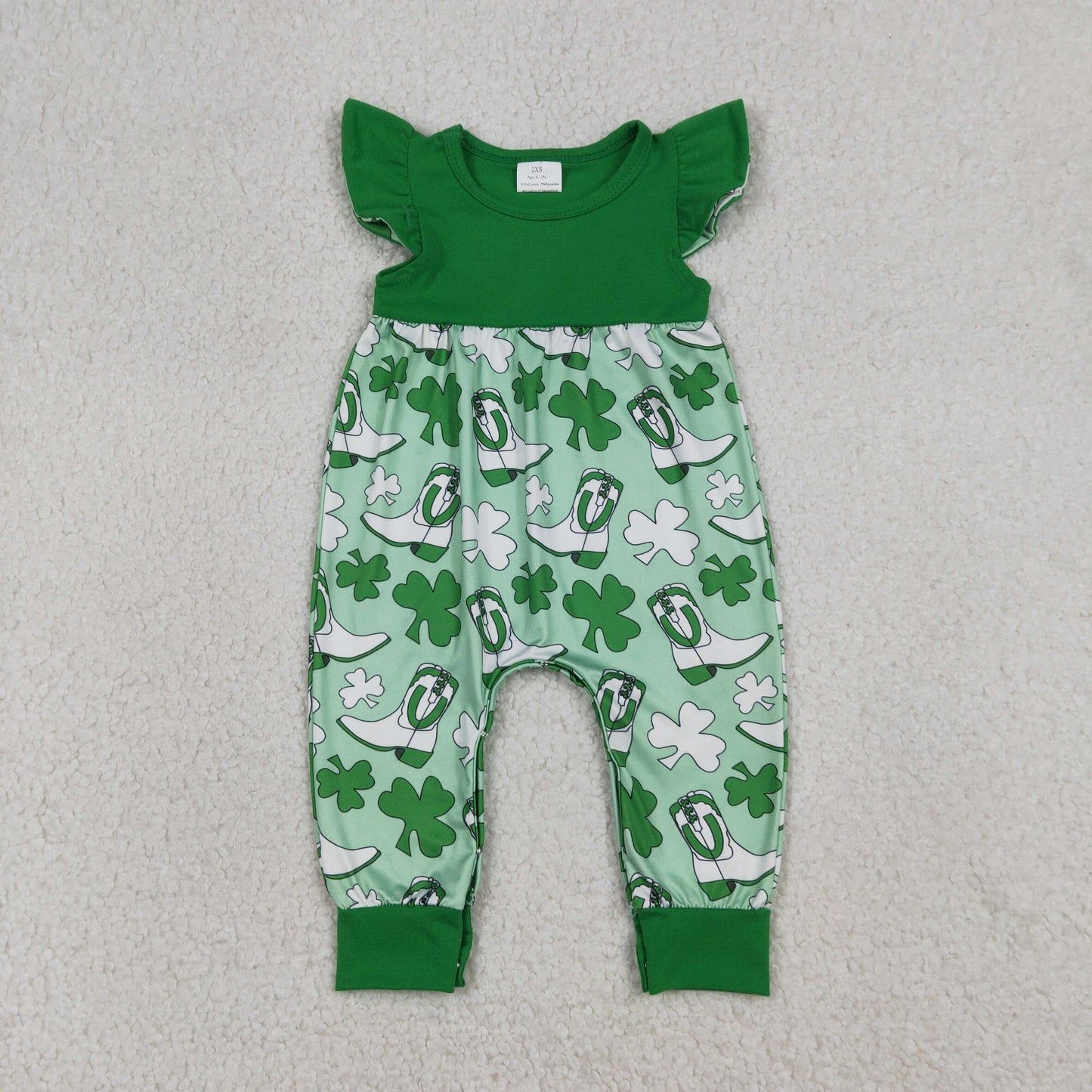 Sibling Baby Girls Green Clovers Boots St Patrick Button Ruffle Knee Length Dress Rompers