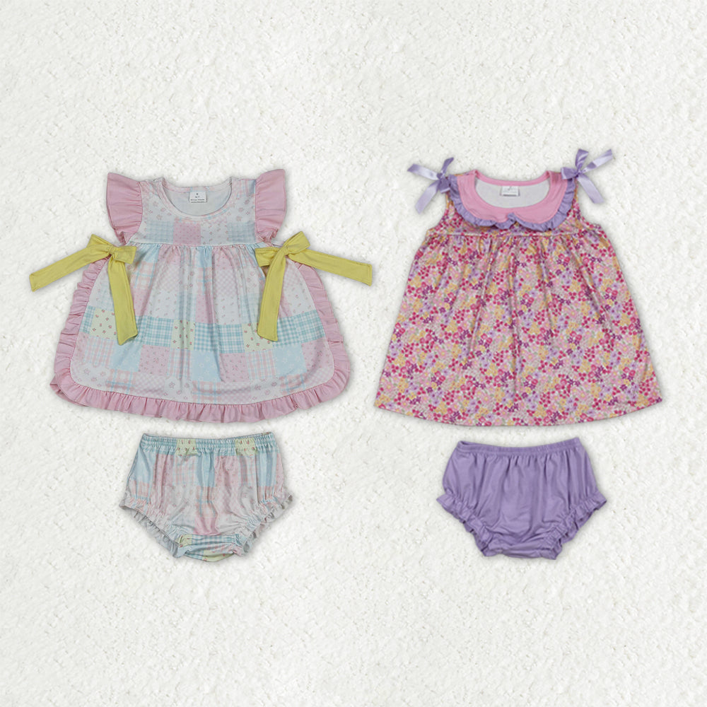 Sibling Baby Girls Flutter Sleeve Colorful Flowers Tunic Bummies Clothes Sets