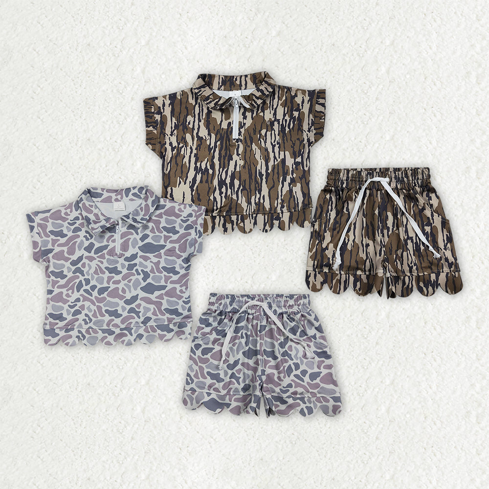 Sibling Baby Girls Southern Camo Zip Pullovers Pockets Shorts Scallop Clothes Sets