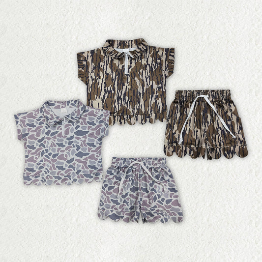 Sibling Baby Girls Southern Camo Zip Pullovers Pockets Shorts Scallop Clothes Sets