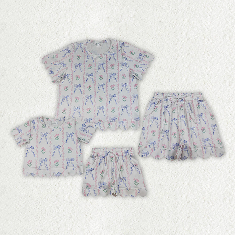 Mama and Me Girls Bows Flowers Stripe Top Pockets Short Scallop Clothes Sets