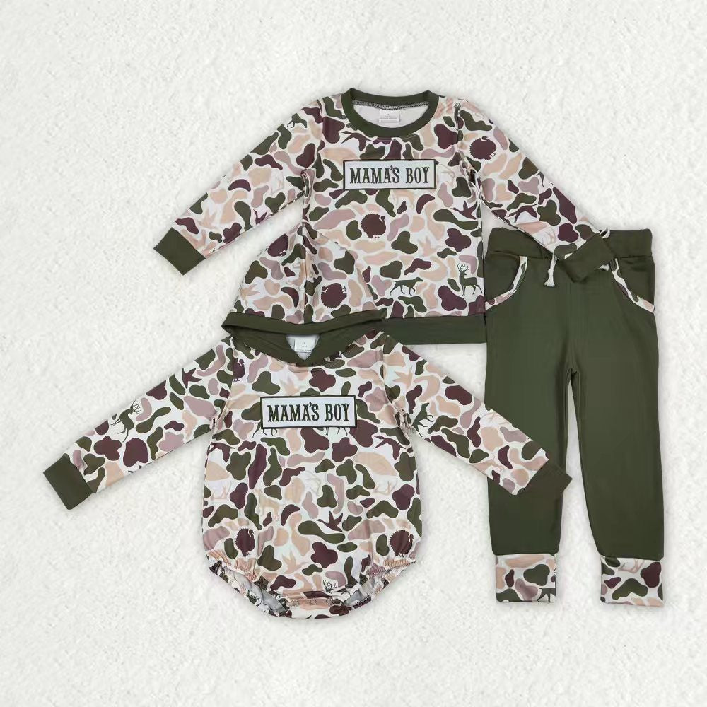 Sibling Baby Boys Embroidery Mama's Boy Dog Ducks Deer Camo Pockets Pant Clothes Sets Hoodie Romper