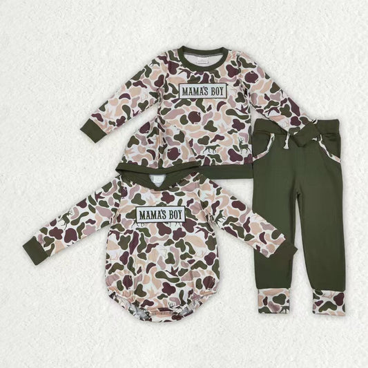 Sibling Baby Boys Embroidery Mama's Boy Dog Ducks Deer Camo Pockets Pant Clothes Sets Hoodie Romper