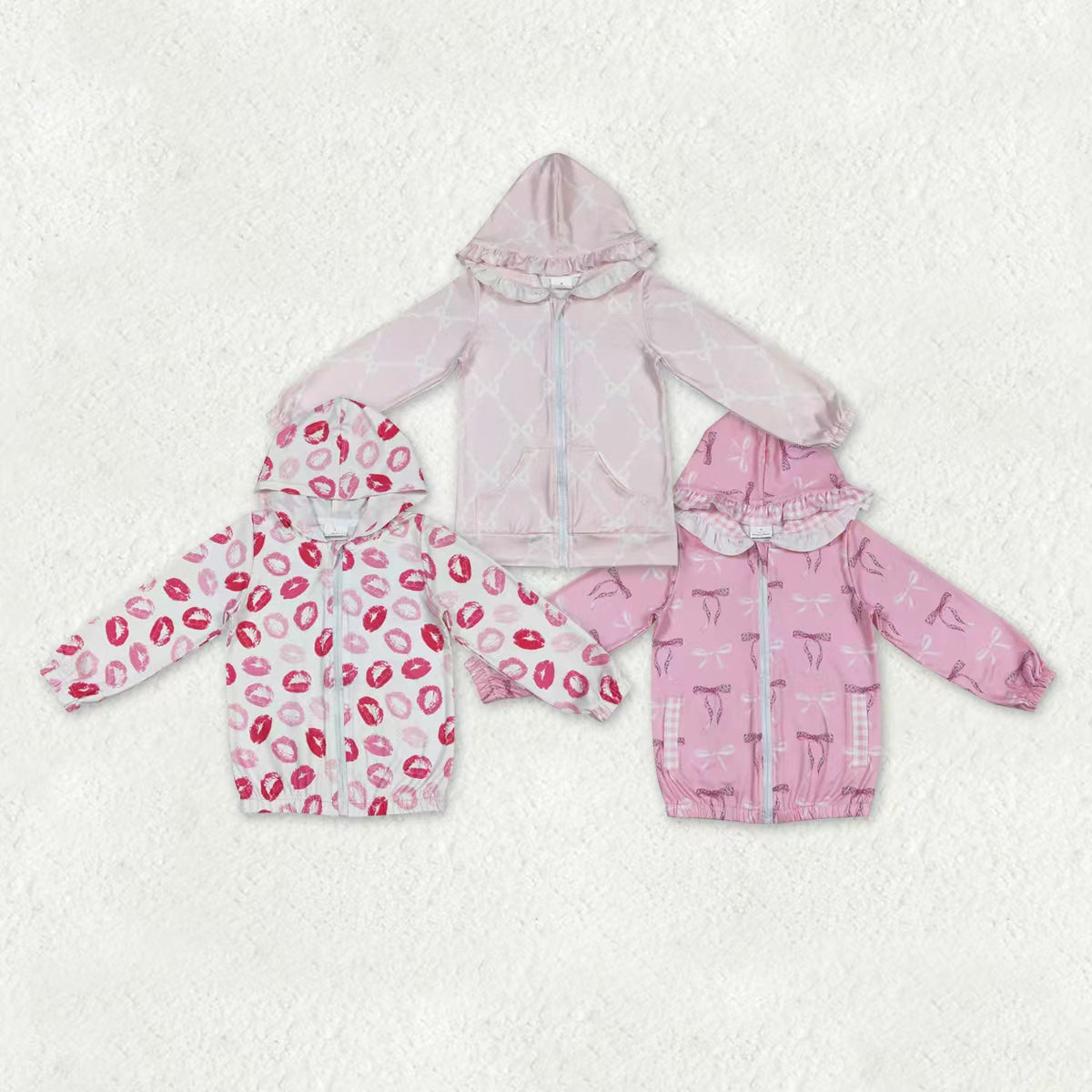 Sibling Baby Girls Long Sleeve Bows Checked Mouths Ruffle Hoodie Zip Pockets Jackets Top