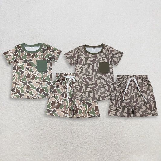Sibling Baby Boys Short Sleeve Deer Ducks Camo Pockets Top Short Hunting Clothes Sets