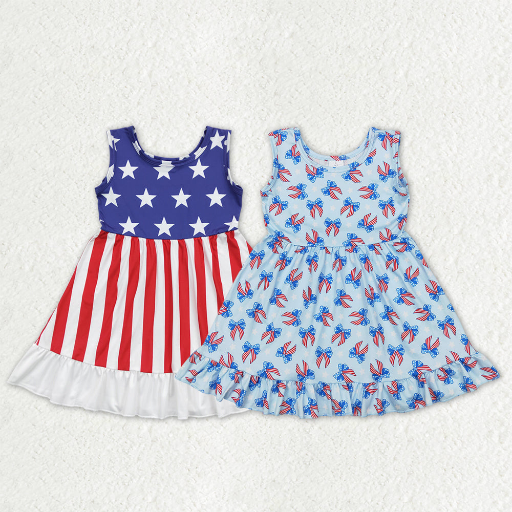 Sibling Baby Girls Sleeveless Bows Stars 4th of July Ruffle Knee Length Dresses