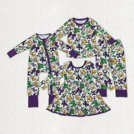 Sibling Baby Girls Mardigras Bows Plaid Pants Pajamas Sets Ruffle Knee Length Dress Zipper Romper