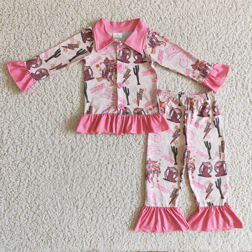 Sibling Baby Girls Western Horses Cows Print Leopard Button Top Ruffle Pants Pajamas Sets