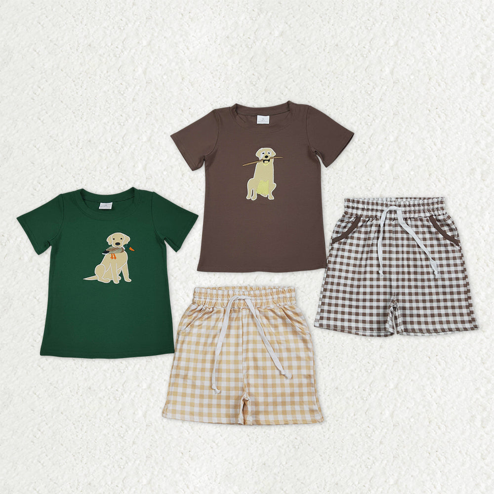 Sibling Baby Boys Embroidery Dog Ducks Top Checked Pockets Short Hunting Clothes Sets