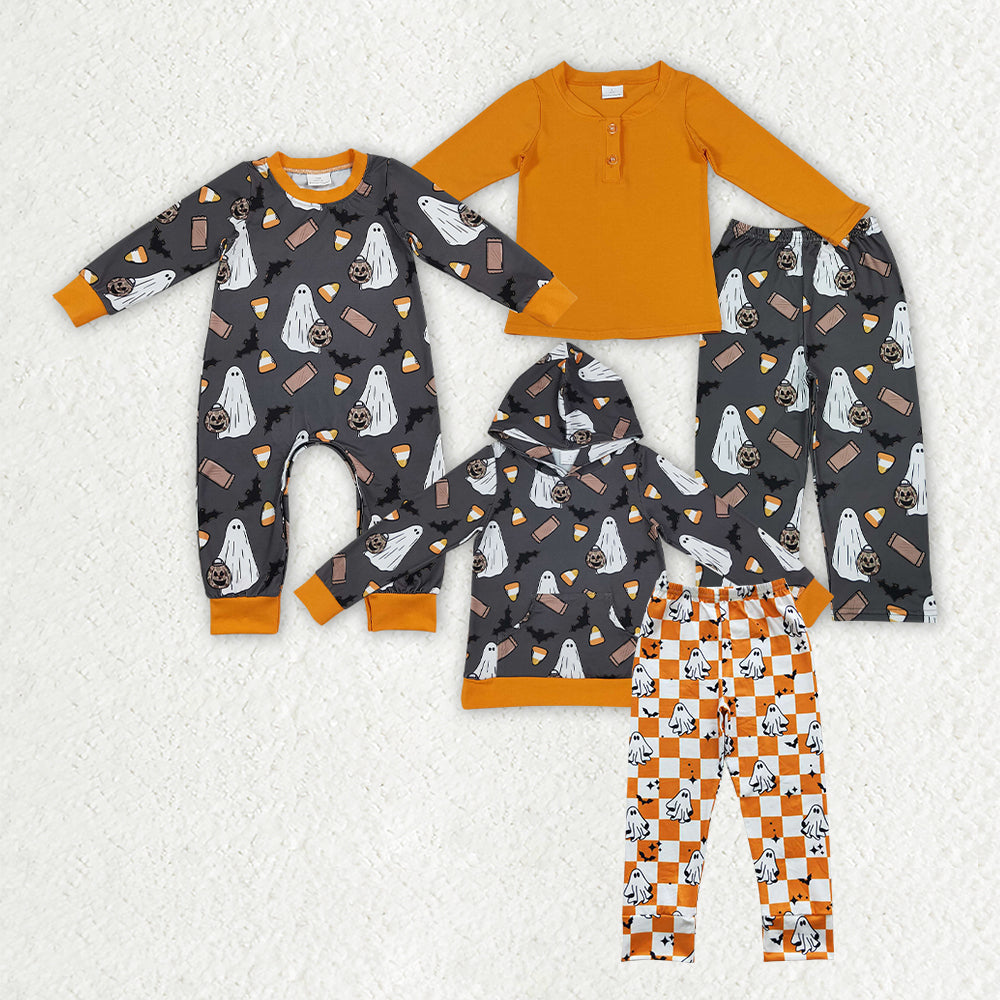 Sibling Baby Boys Orange Button Top Bats Ghosts Pant Halloween Clothes Set Hoodie Top