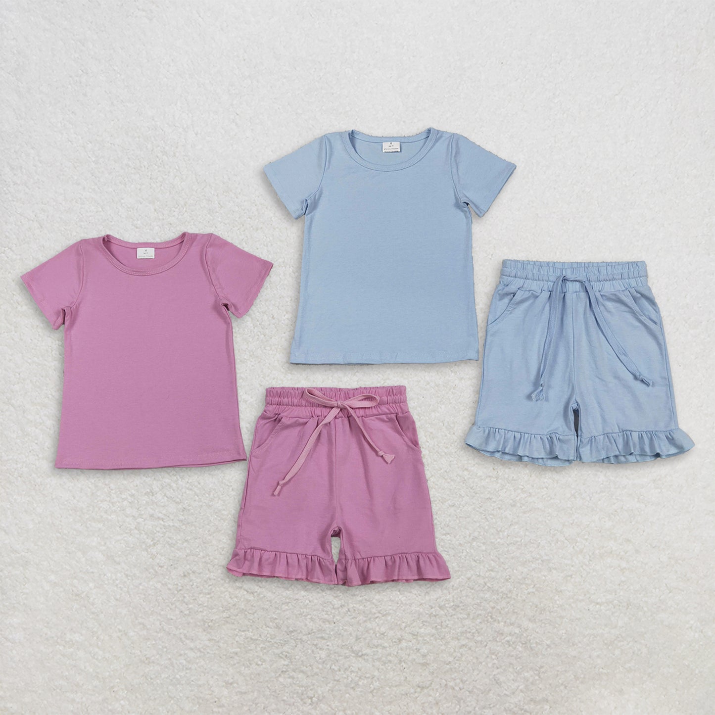 Sibling Baby Girls Short Sleeve Cotton Shirts Top Pockets Ruffle Short Clothes Sets
