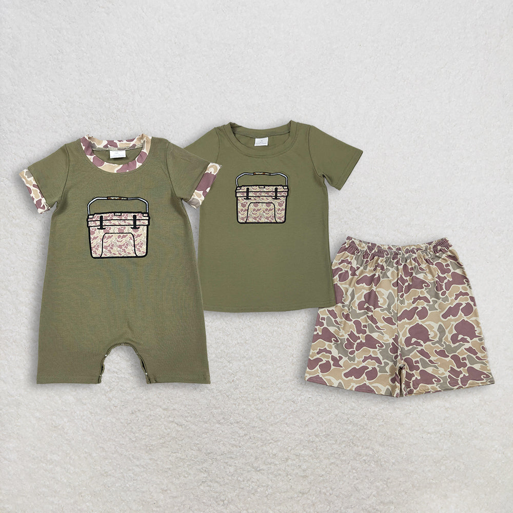 Sibling Baby Boys Embroidery Southern Khaki Camo Boxes Short Hunting Clothes Set Rompers