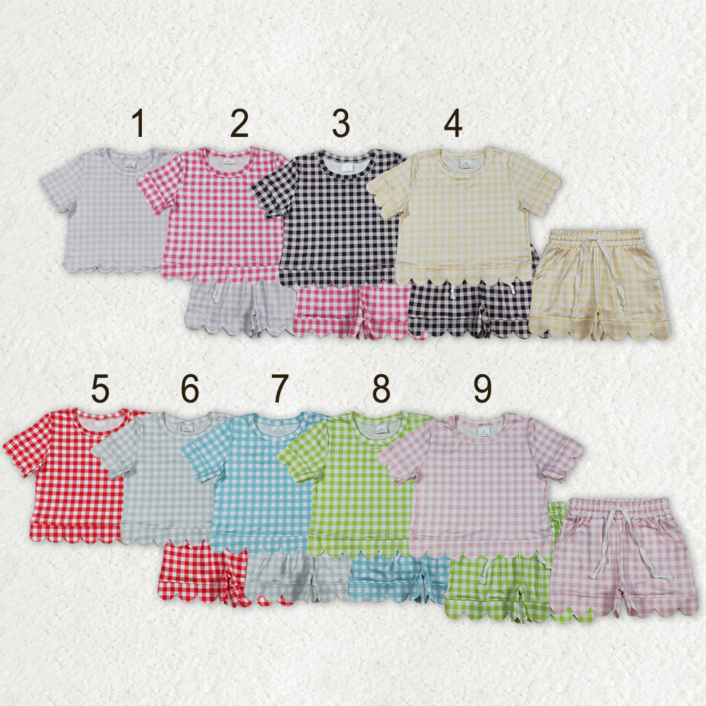 Sibling Baby Girls Colorful Checked Scallop Shirts Top Pockets Short Pajamas Clothes Sets