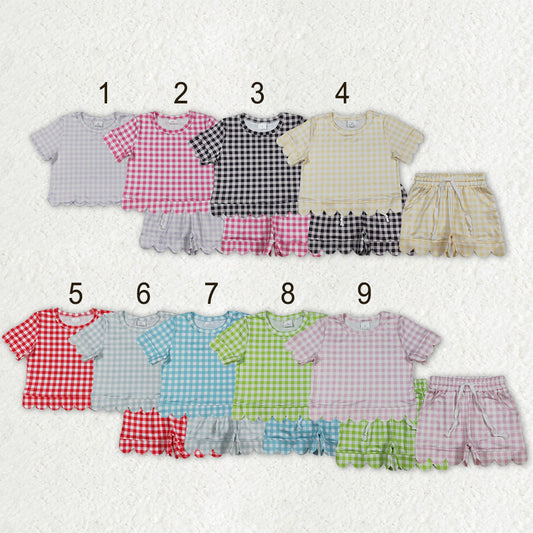 Sibling Baby Girls Colorful Checked Scallop Shirts Top Pockets Short Pajamas Clothes Sets