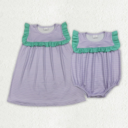 Sibling Baby Girls Sleeveless Purple Stripe Knee Length Dress Ruffle Rompers