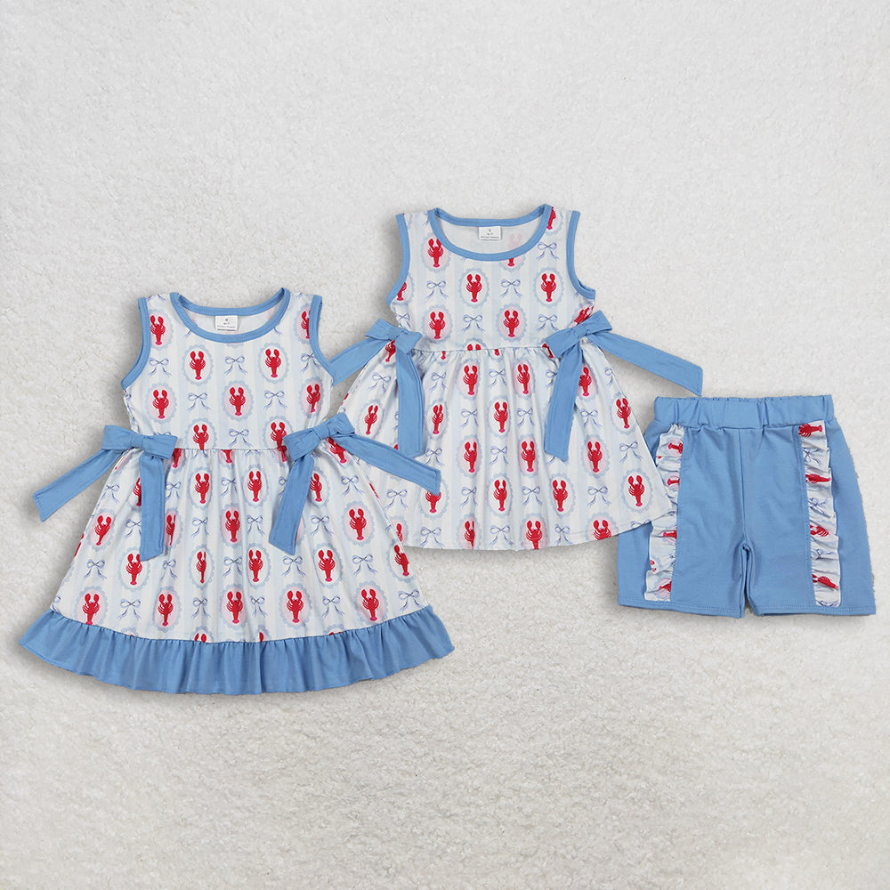 Sibling Baby Girls Bows Crayfishes Tunic Ruffle Shorts Clothes Set Ruffle Knee Length Dresses