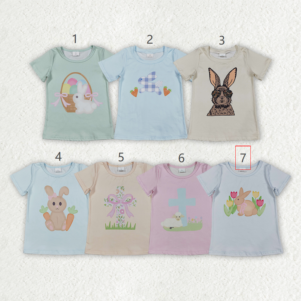 Sibling Baby Girls Short Sleeve Flowers Cross Rabbits Eggs Easter T-shirts Tops