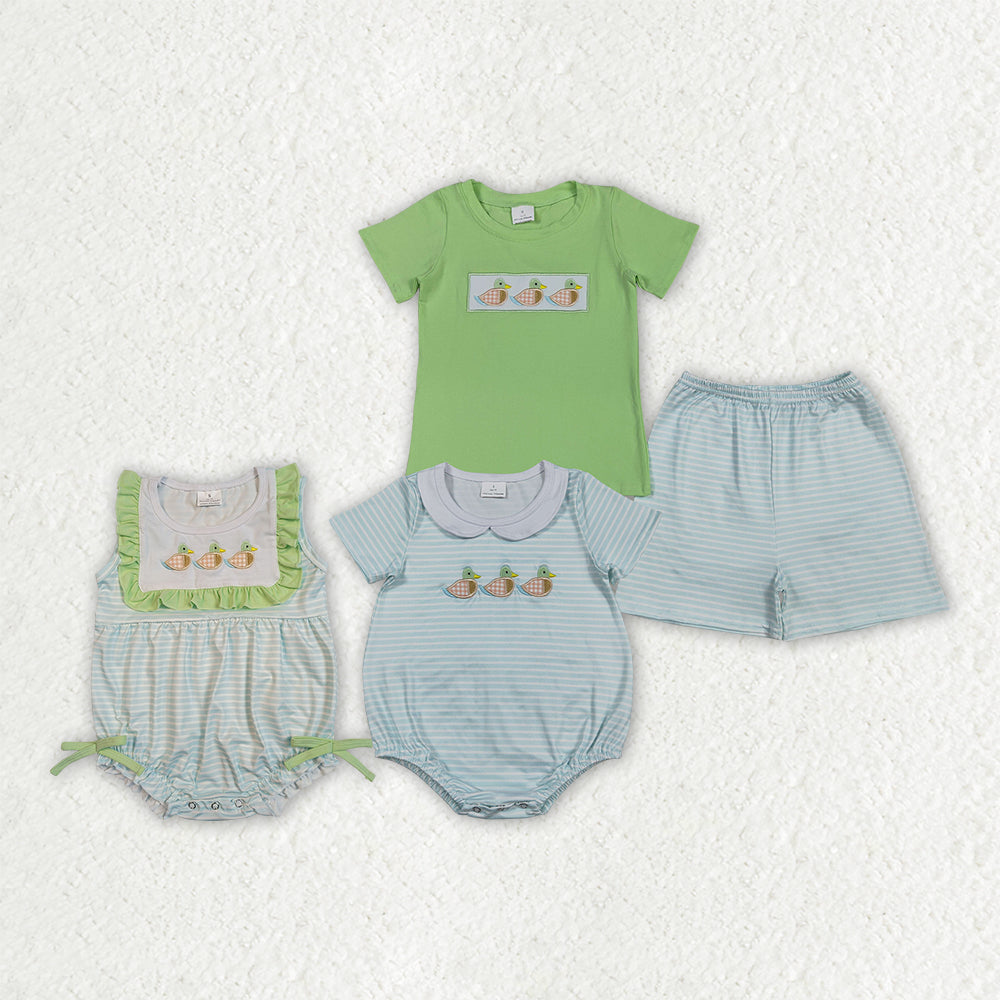 Sibling Baby Kids Embroidery Ducks Top Stripe Short Hunting Clothes Set Rompers