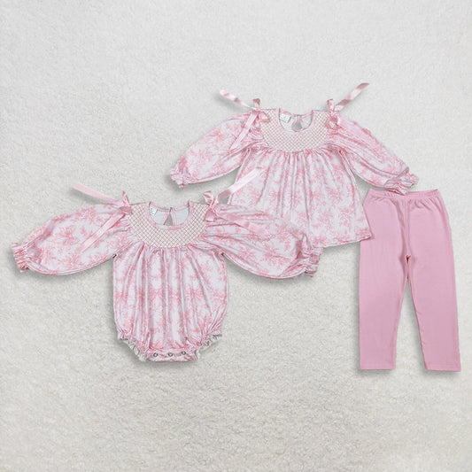 Sibling Baby Girls Smocked Checked Flowers Tunic Legging Pants Clothes Set Romper