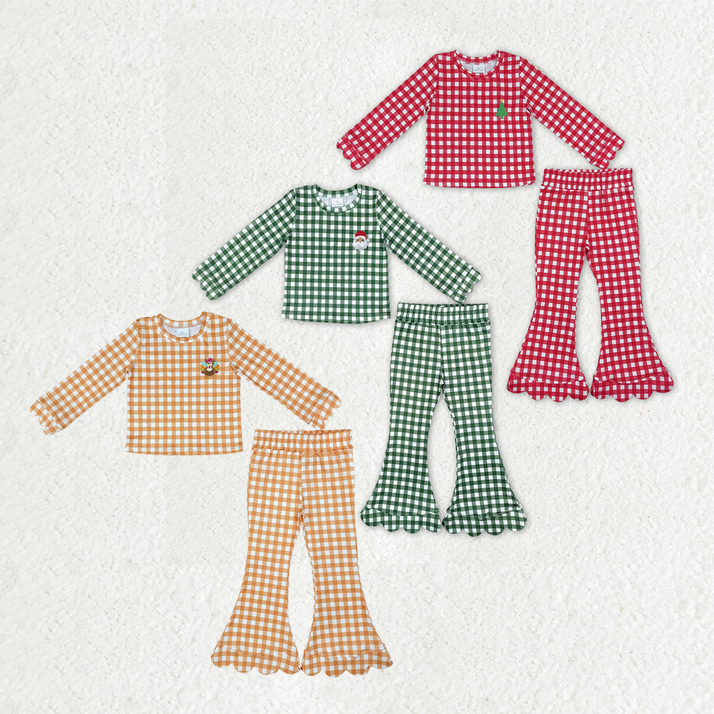 Sibling Baby Girls Embroidery Santa Tree Checked Shirt Scallop Pant Christmas Sets