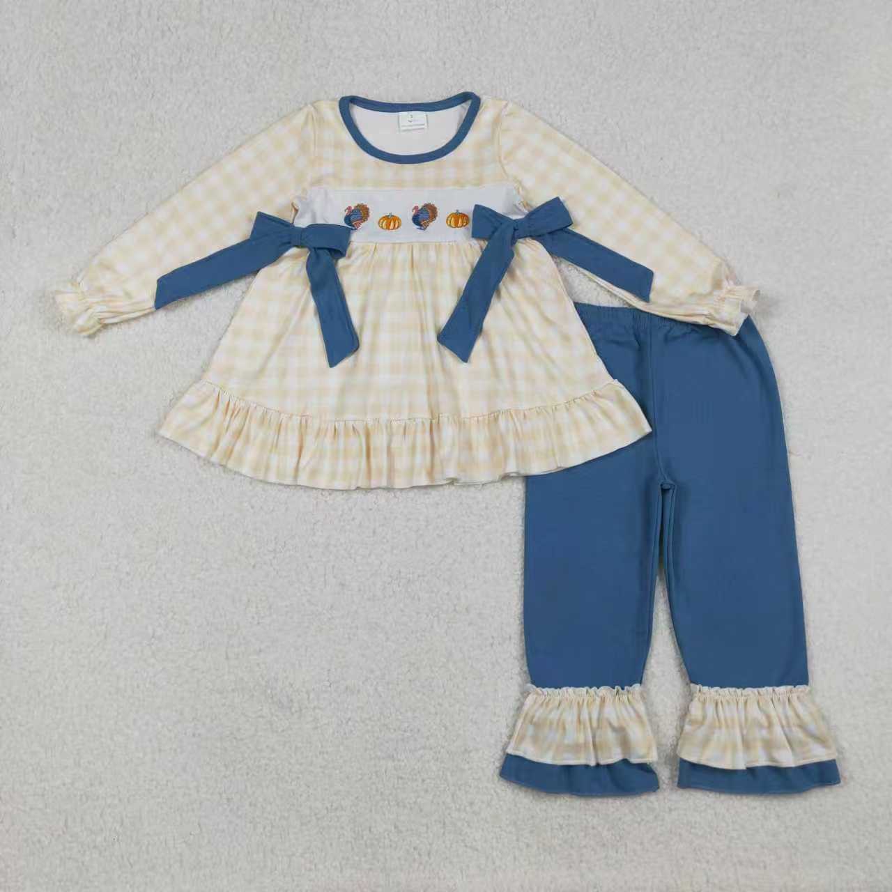 Sibling Embroidery Turkey Pumpkins Baby Boys Girls Thanksgiving Clothes Sets Ruffle Footie Rompers