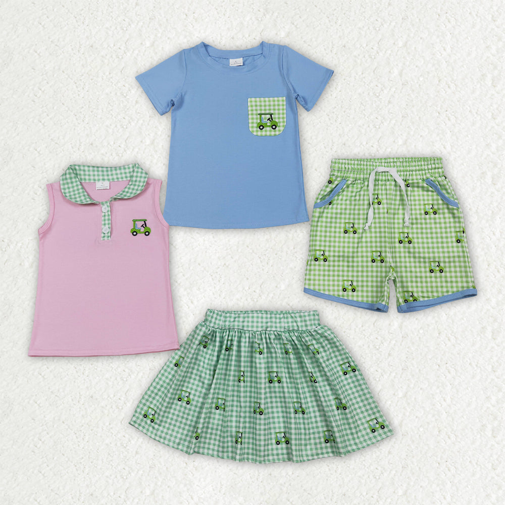 Sibling Baby Boys Girls Embroidery Golf Trucks Top Green Checked Shirt Shorts Clothes Sets
