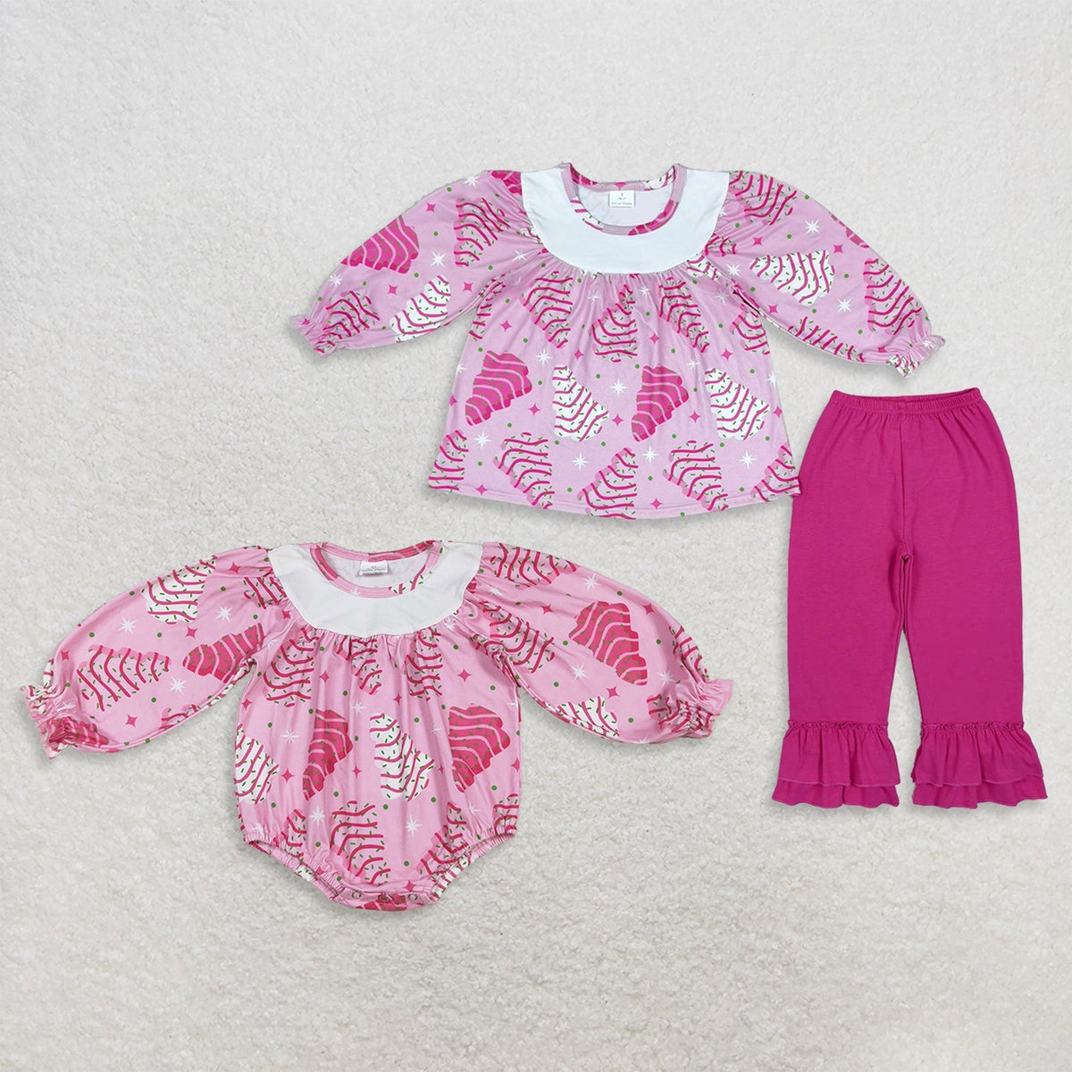 Sibling Baby Girls Pink Stripe Tree Christmas Tunic Ruffle Pant Set Ruffle Rompers