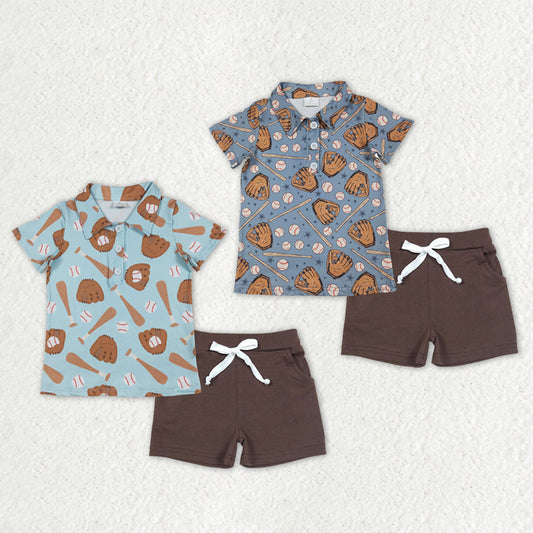 Sibling Baby Boys Baseballs Button Polo Shirts Pockets Short Team Clothes Set
