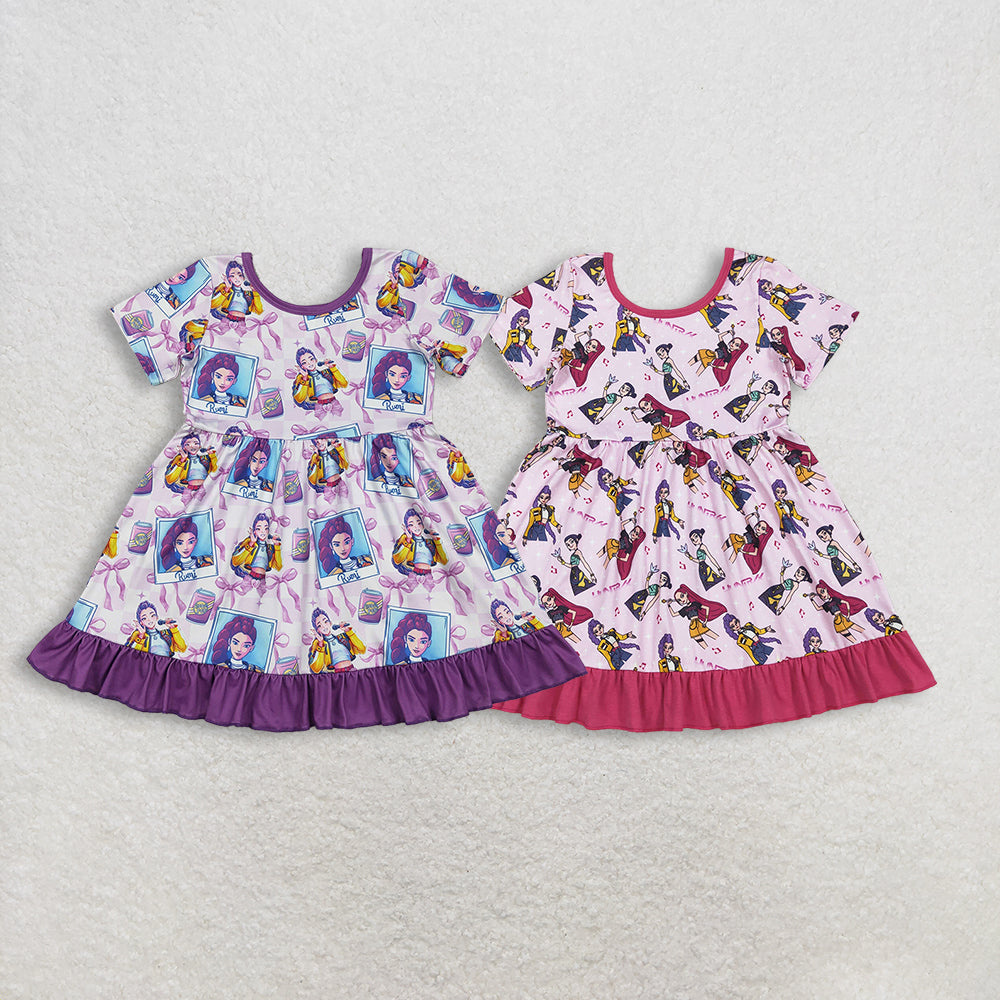 Sibling Baby Girls Short Sleeves Demon Hunter Ruffle Knee Length Dresses