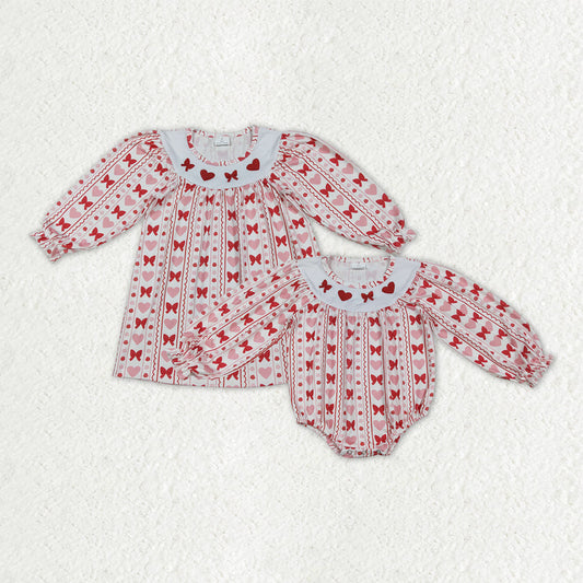 Sibling Embroidery Hearts Bows Baby Girls Valentine Knee Length Dresses Ruffle Rompers