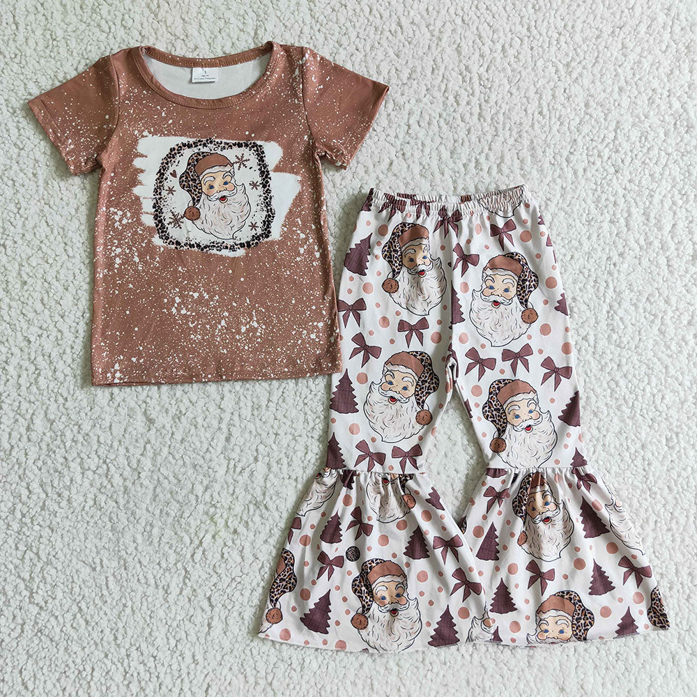 Sibling Baby Girls Leopard Santa Bell Bottom Pants Clothes Set Zipper Footed Rompers