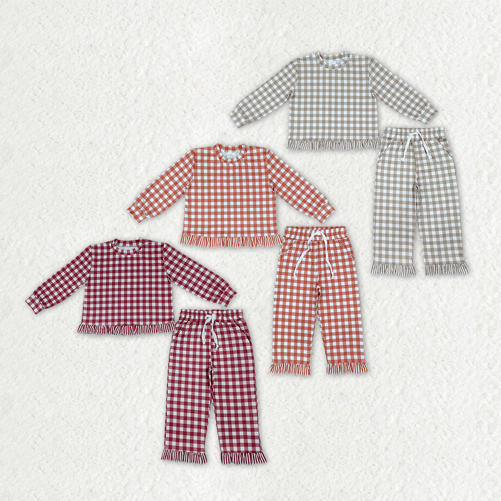 Sibling Baby Girls Long Sleeve Checked Shirt Top Pockets Pant Clothes Sets