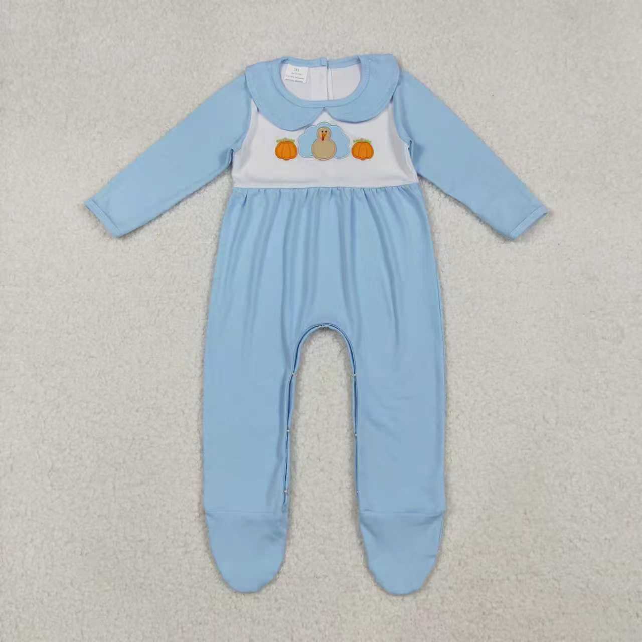 Sibling Embroidery Pumpkins Turkey Baby Infant Thanksgiving Fall Footed Rompers