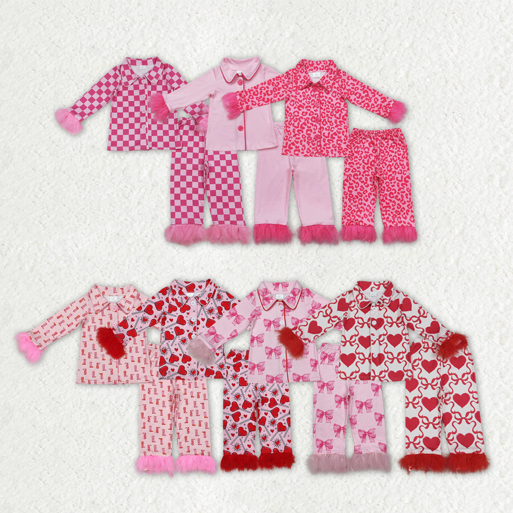 Sibling Baby Girls Bows Boots Hearts Button Top Pant Fur Pajamas Clothes Sets