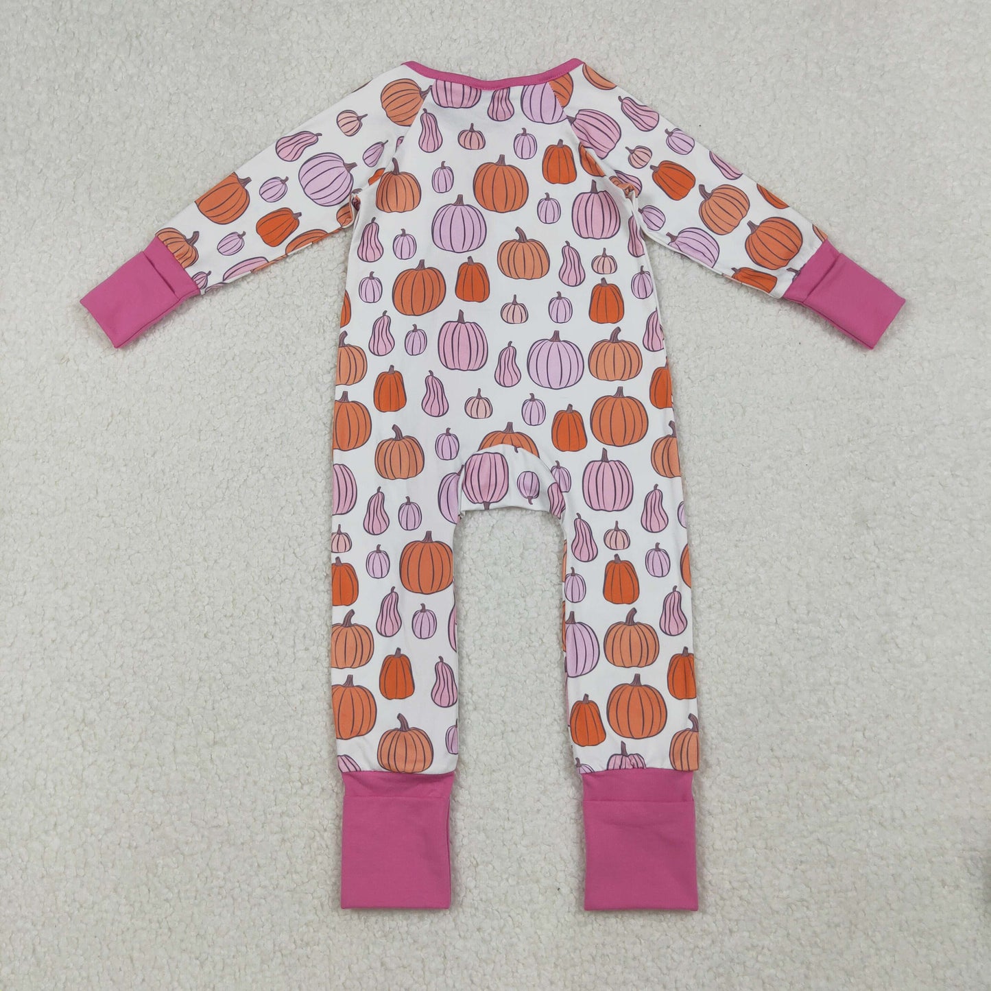 Sibling Baby Girls Pink Pumpkins Fall Pajamas Sets Ruffle Zipper Footie Rompers