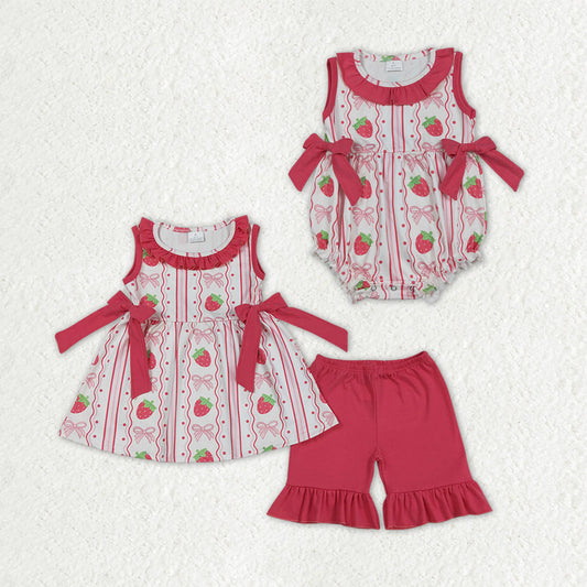 Sibling Baby Girls Bows Strawberry Stripe Tunic Ruffle Short Clothes Set Rompers