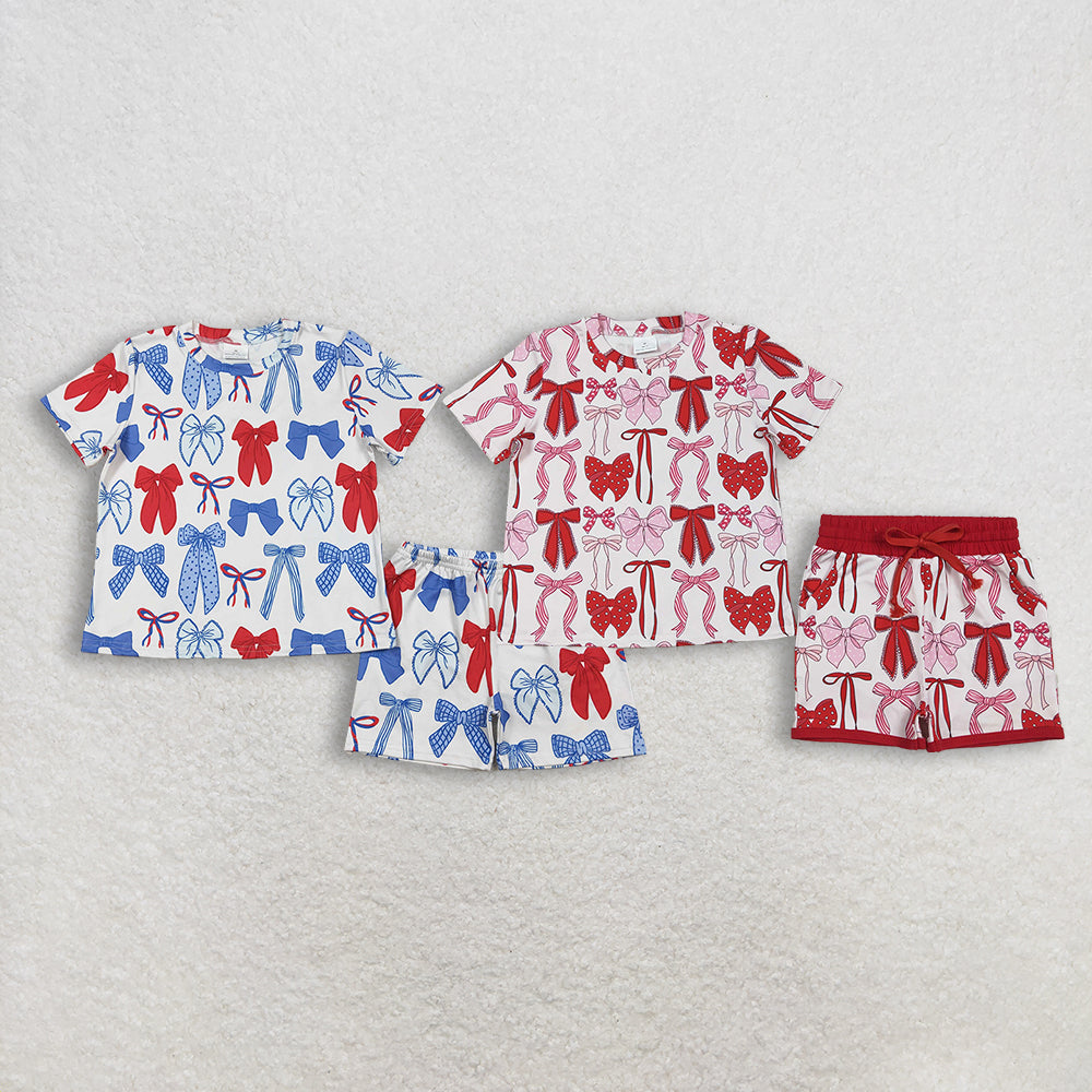 Sibling Baby Girls Blue Red Bows Top Pockets Shorts 4th of July Clothes Pajamas Sets