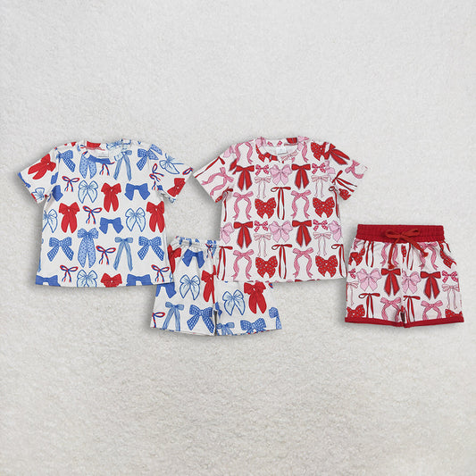 Sibling Baby Girls Blue Red Bows Top Pockets Shorts 4th of July Clothes Pajamas Sets
