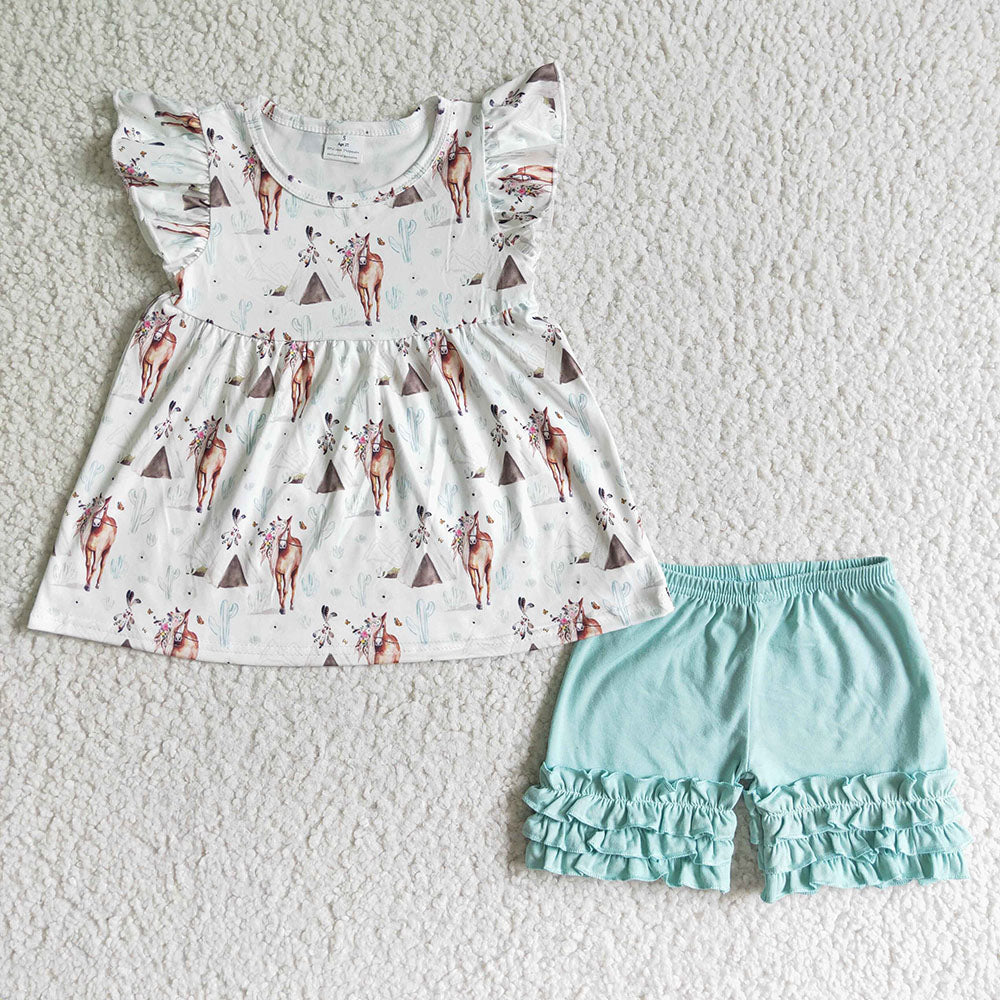Sibling Baby Girls Horse Teepee Western Pearl Top Icing Ruffle Shorts Sets Jumpsuit Rompers
