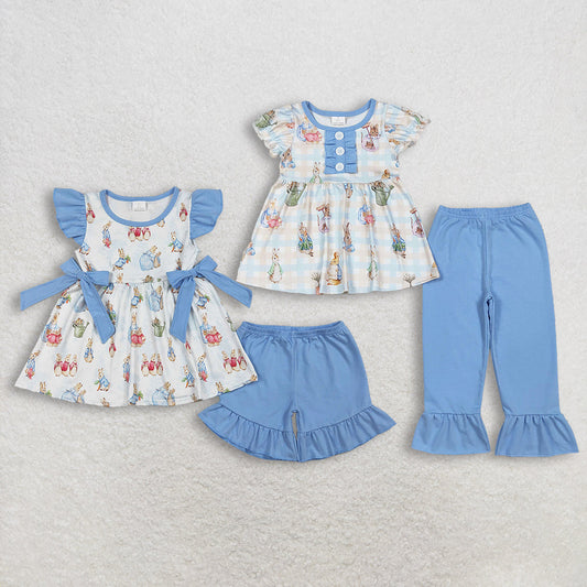 Sibling Baby Girls Rabbits Button Tunic Ruffle Short Pants Easter Clothes Sets
