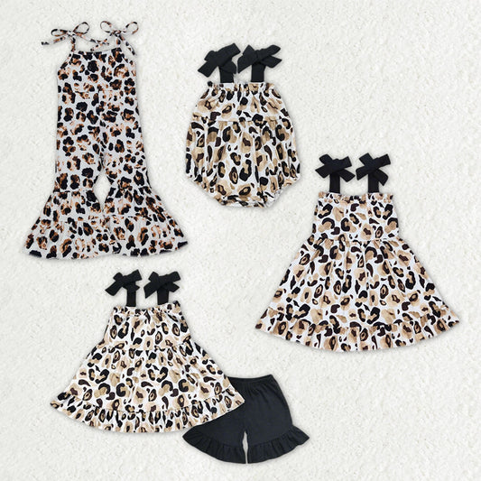 Sibling Baby Girls Straps Gold Leopard Ruffle Short Clothes Set Romper Dress