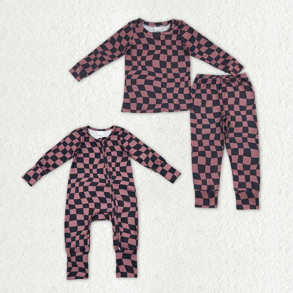 Sibling Baby Boys Warped Checkerboard Print Top Pant Fall Pajamas Set Zip Rompers